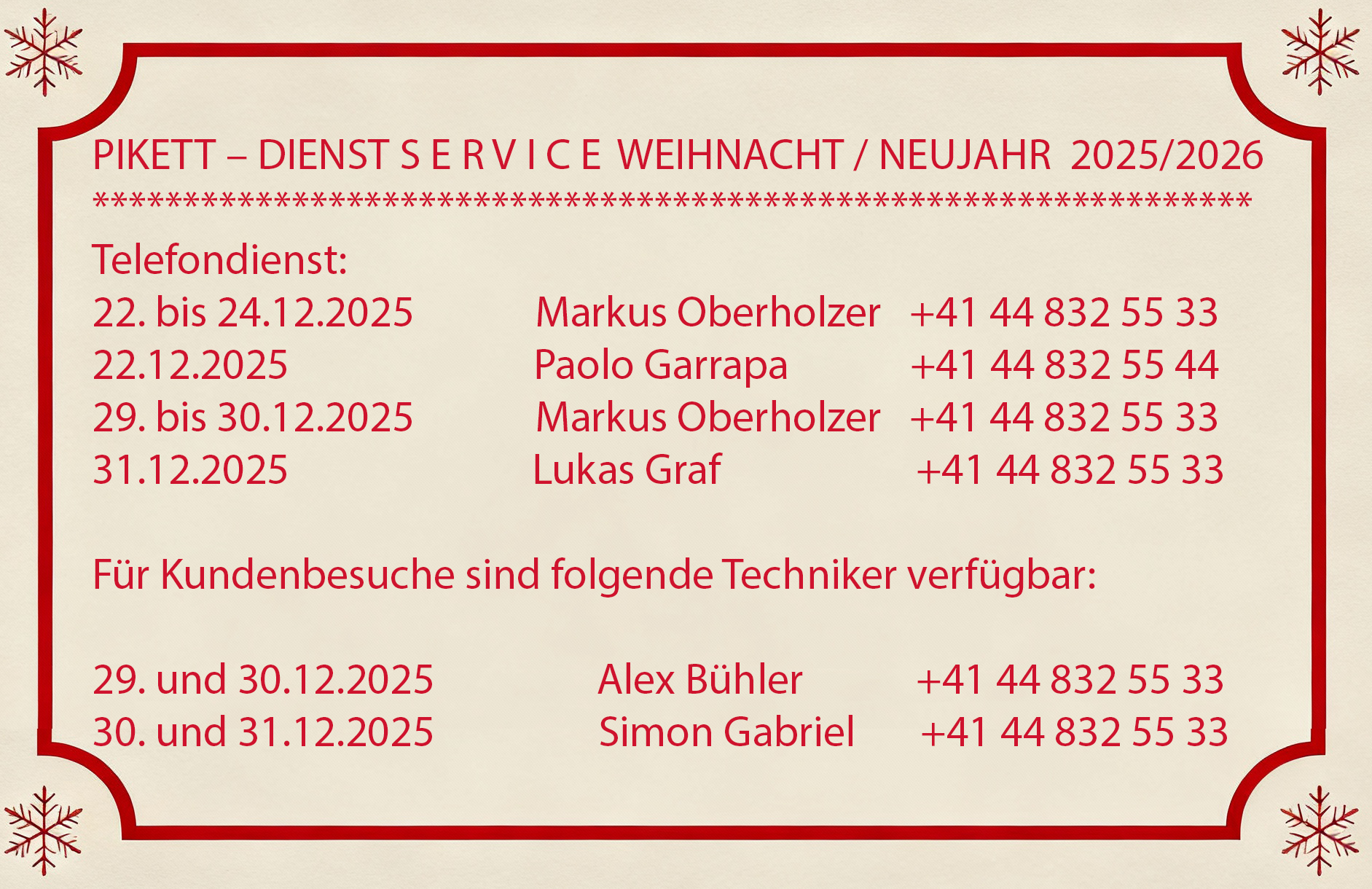Pikettdienst Service Weihnacht Neujahr 2025/2026